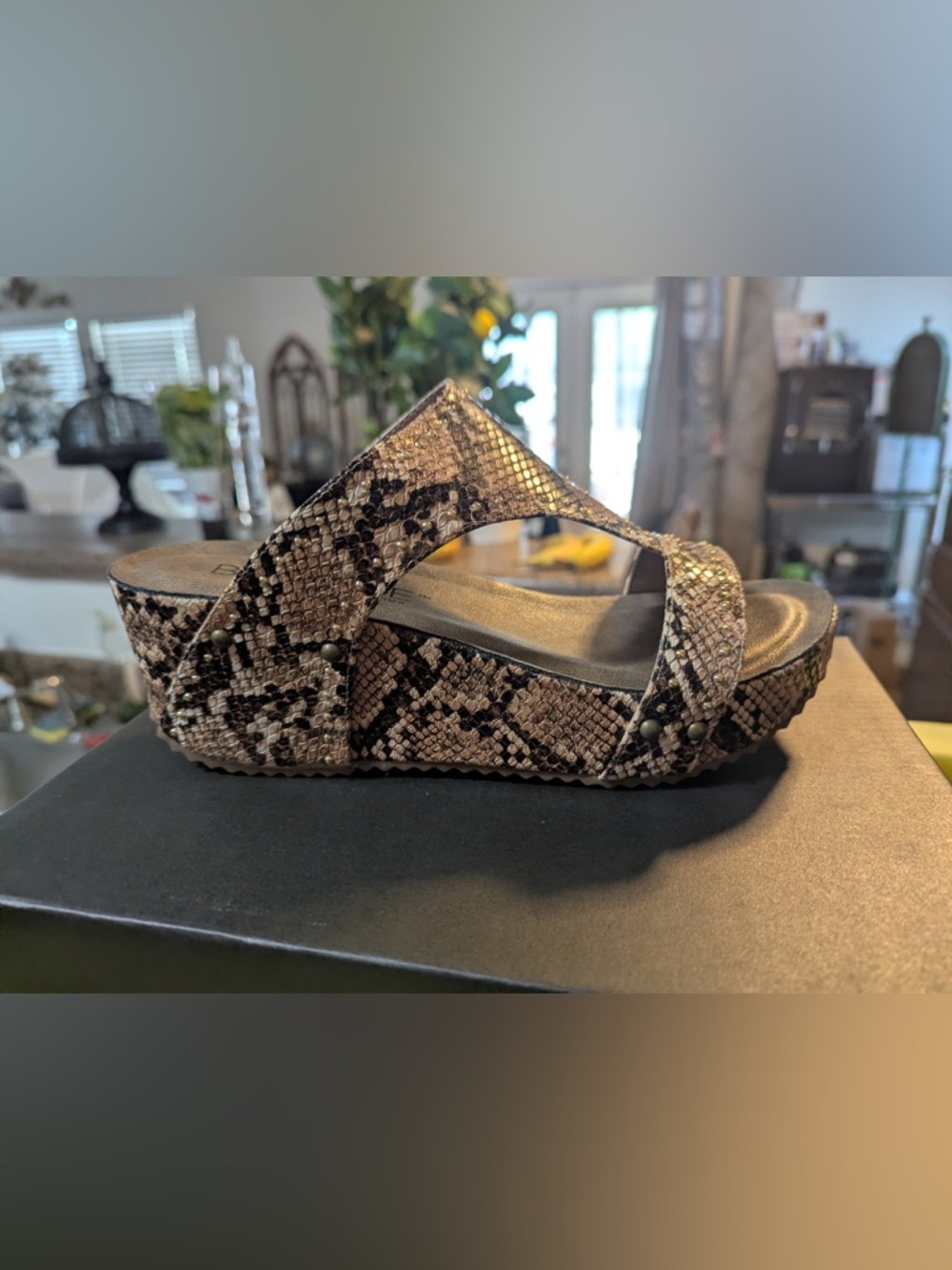 Wedge Sandal with Snake-Print Straps - Brown